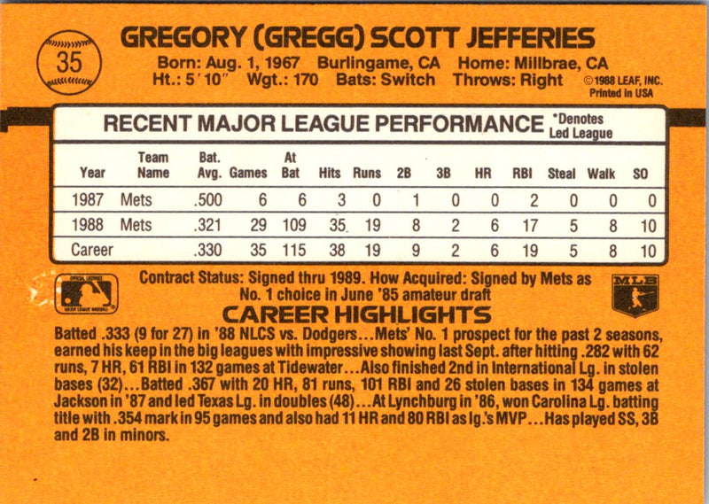 1989 Donruss Gregg Jefferies