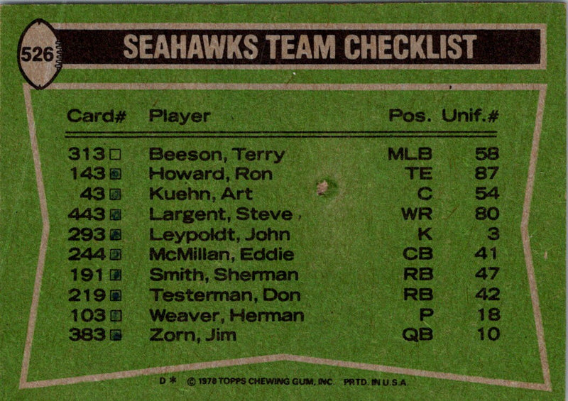 1978 Topps Sherman Smith/Steve Largent/Autry Beamon/Walter Packer