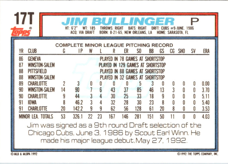 1992 Topps Traded Gold Jim Bullinger