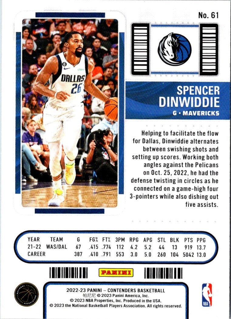 2022 Panini Contenders Season Ticket Spencer Dinwiddie