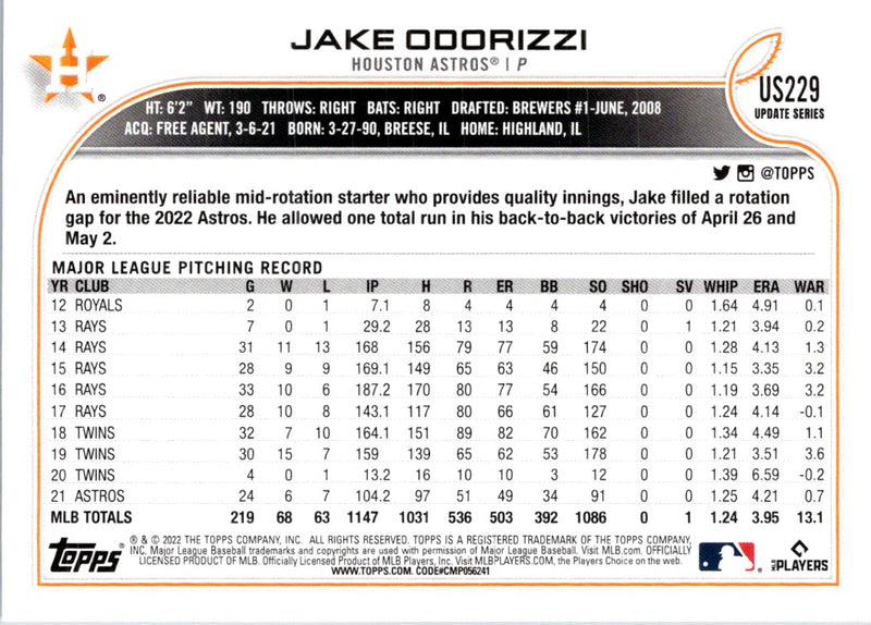 2022 Topps Update Jake Odorizzi