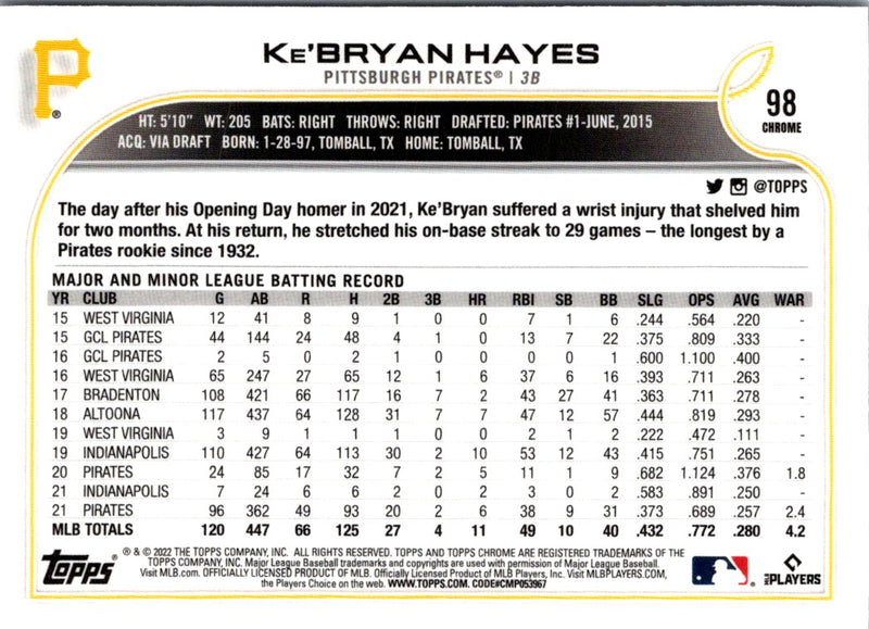 2022 Topps Chrome Ke'Bryan Hayes