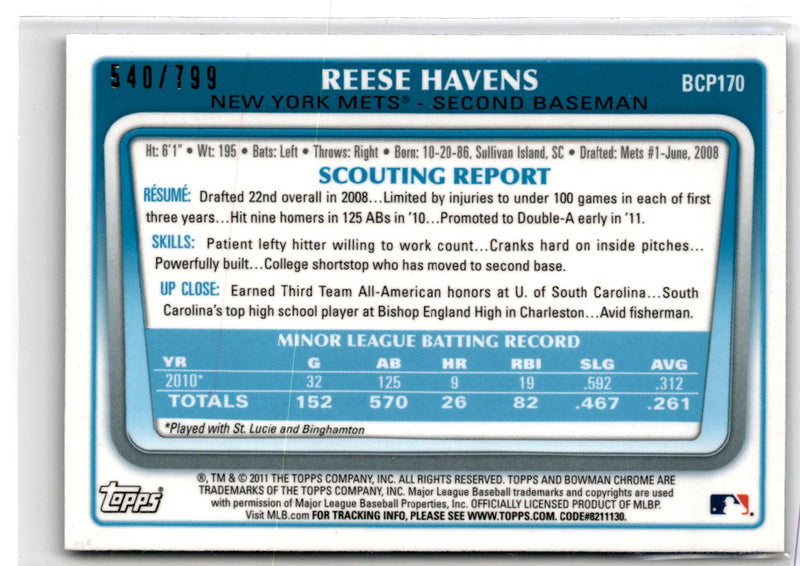 2011 Bowman Chrome Prospects Reese Havens