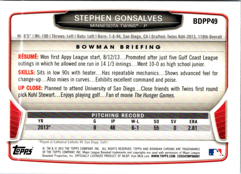 2013 Bowman Draft Picks & Prospects Chrome Stephen Gonsalves