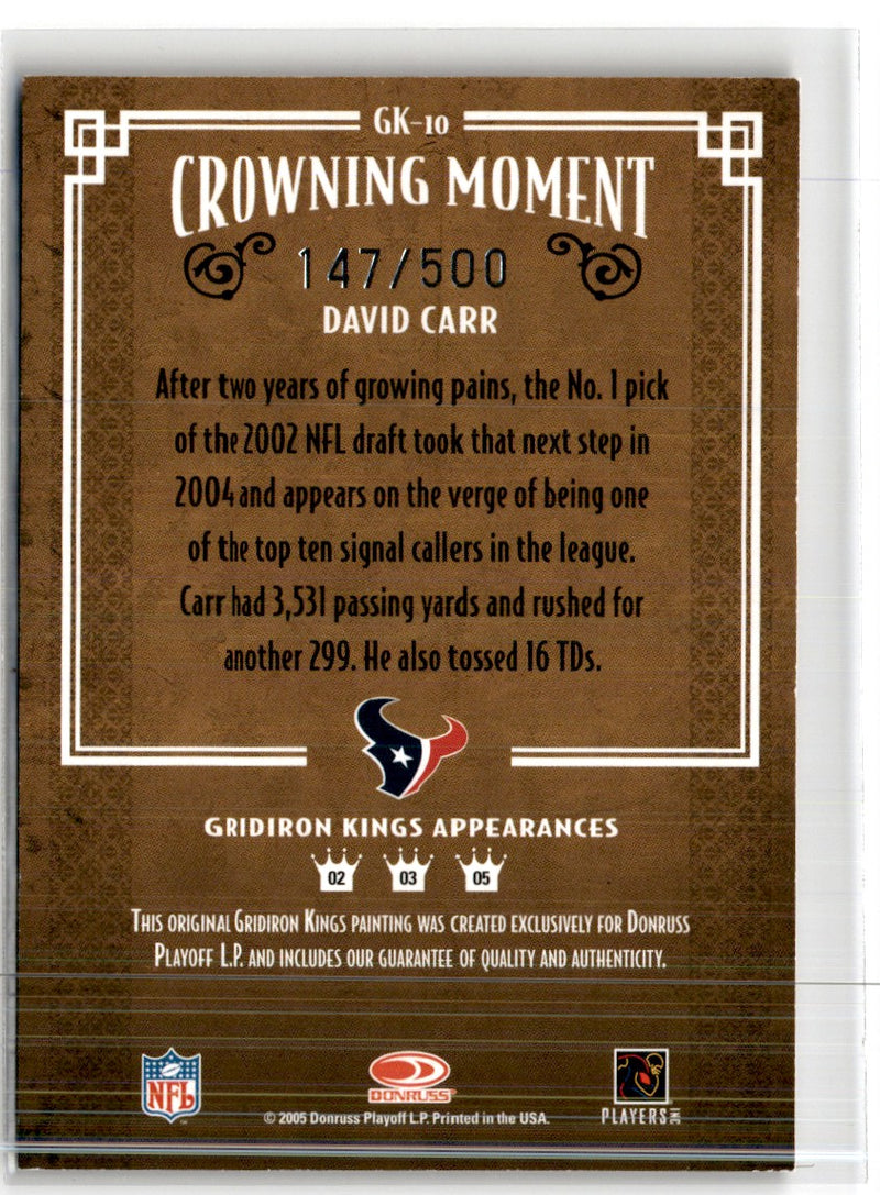 2005 Donruss Throwback Threads Gridiron Kings Bronze David Carr