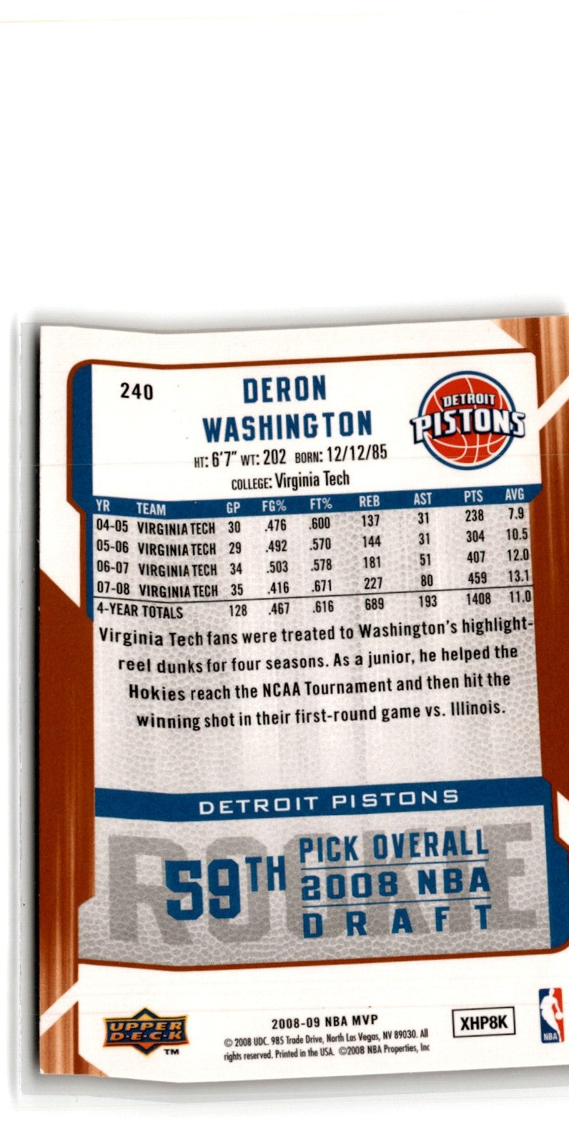 2008 Upper Deck MVP Deron Washington