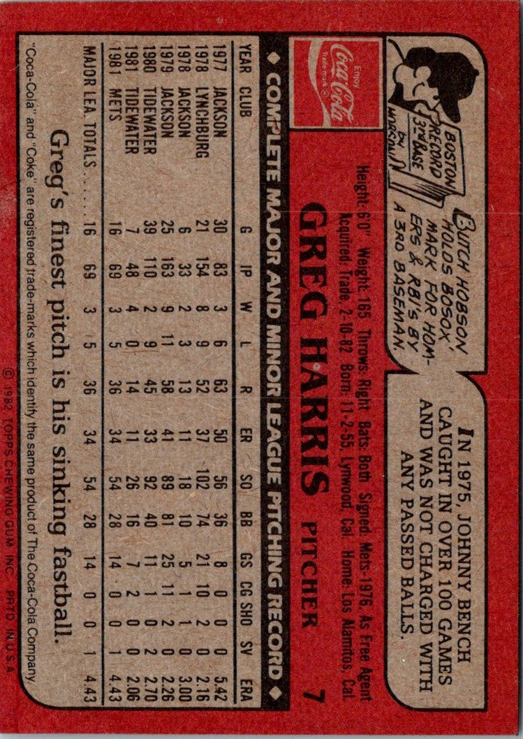 1982 Topps Coca-Cola Cincinnati Reds Greg Harris