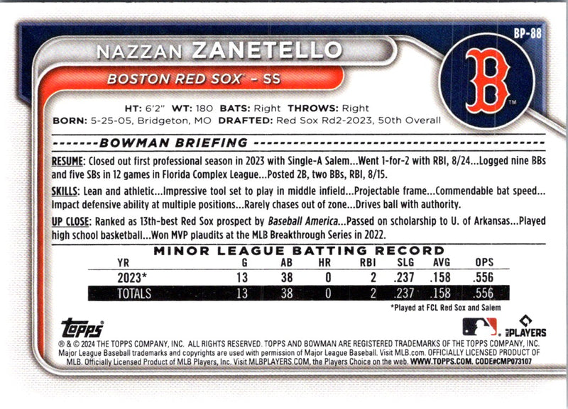 2024 Bowman Prospects Nazzan Zanetello