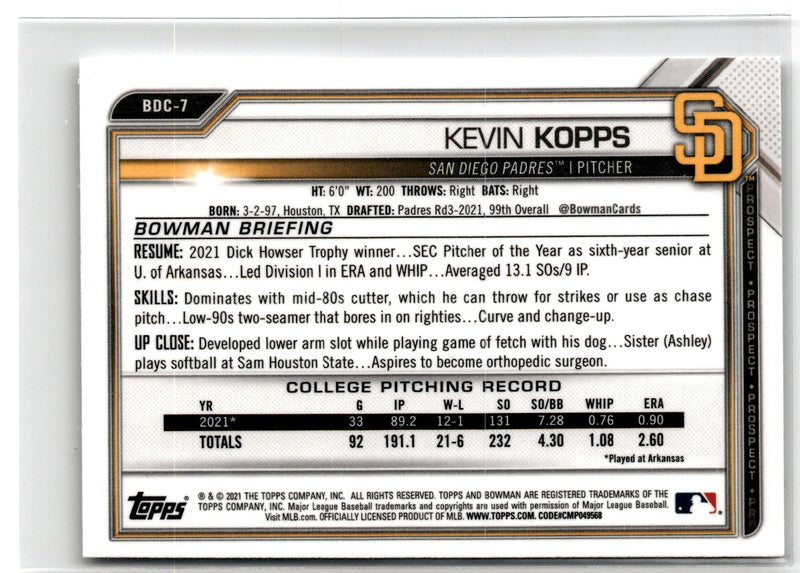 2021 Bowman Draft Chrome Kevin Kopps