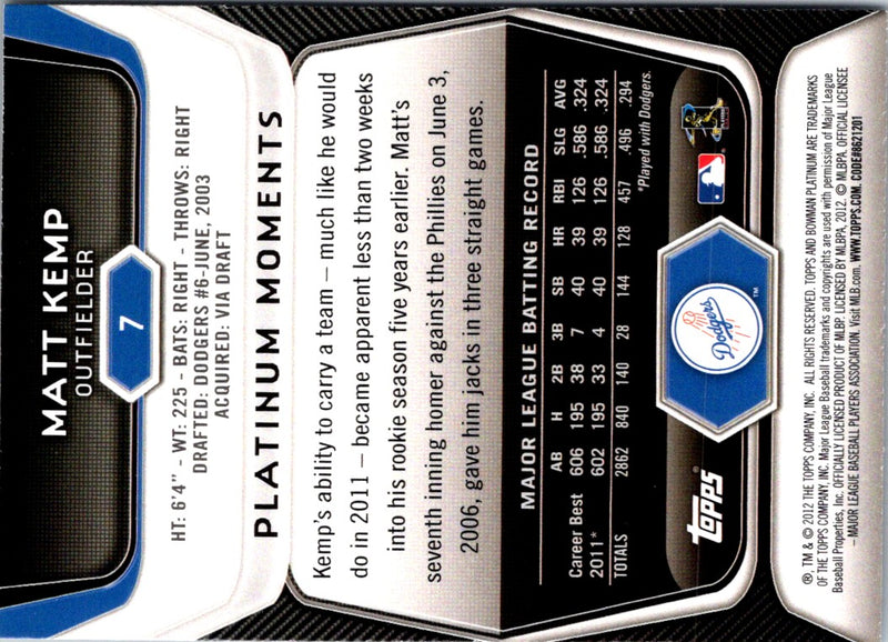 2012 Bowman Platinum Emerald Matt Kemp