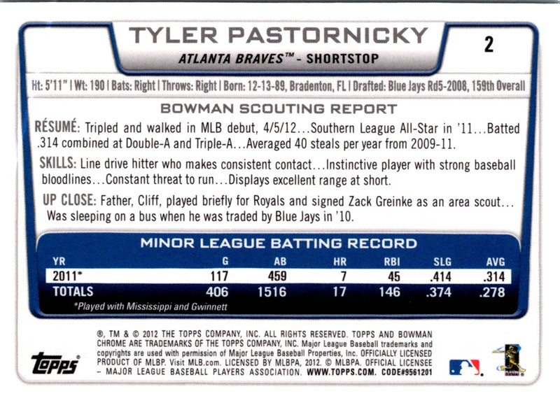 2012 Bowman Draft Picks & Prospects Chrome Tyler Pastornicky