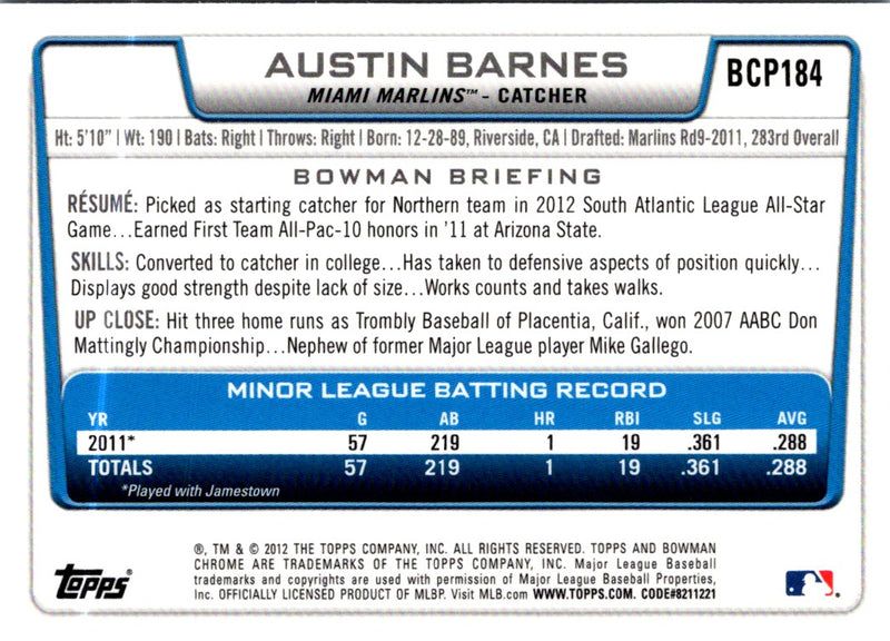 2012 Bowman Chrome Prospects Austin Barnes