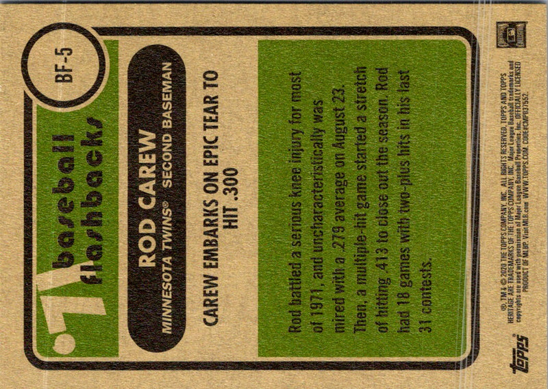 2020 Topps Heritage Baseball Flashbacks '71 Carew Embarks on Epic Tear to Hit .300