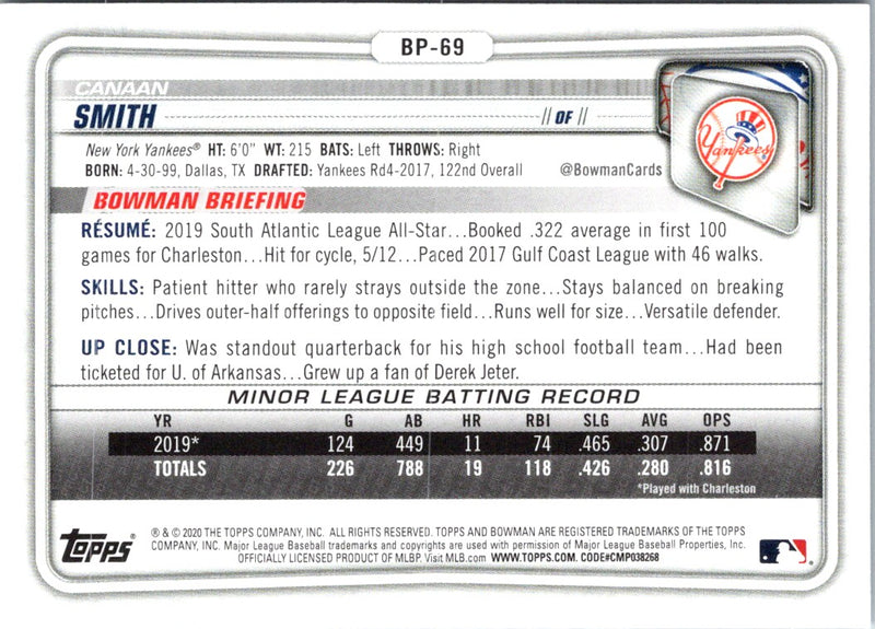 2020 Bowman Prospects Canaan Smith