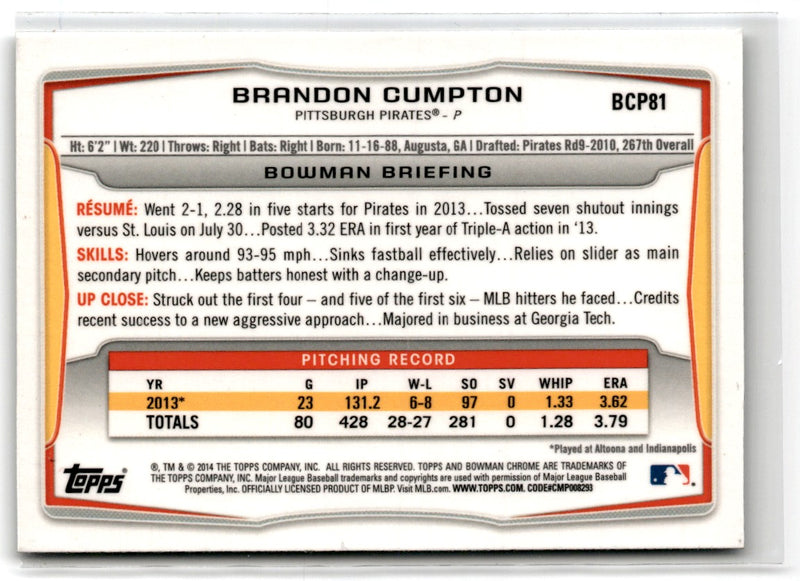 2014 Bowman Chrome Prospects Brandon Cumpton