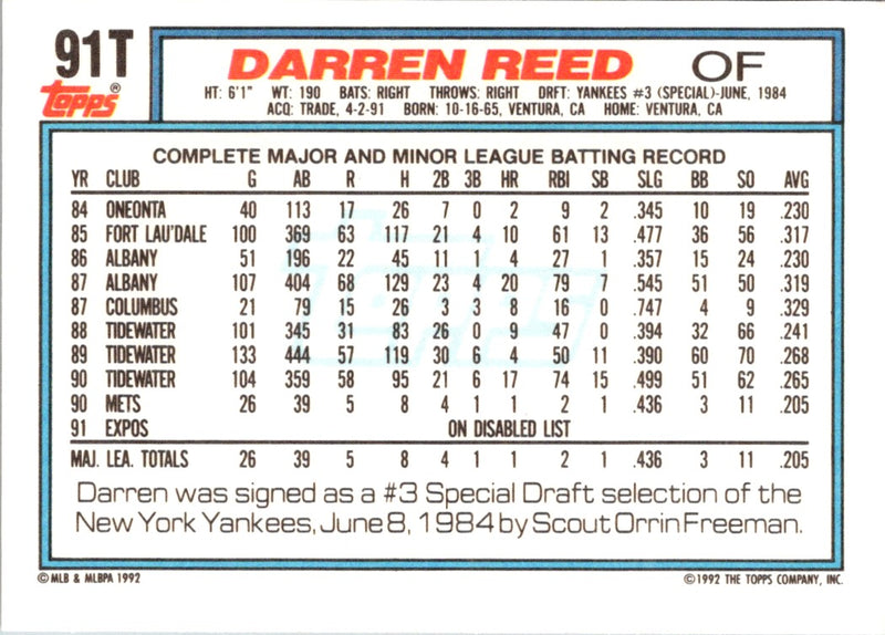 1992 Topps Traded Darren Reed