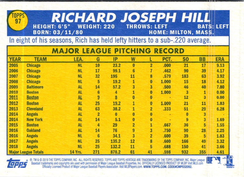 2019 Topps Heritage Rich Hill