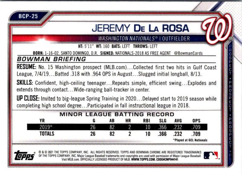 2021 Bowman Chrome Prospects Jeremy De La Rosa