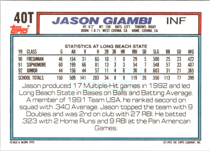 1992 Topps Traded Jason Giambi