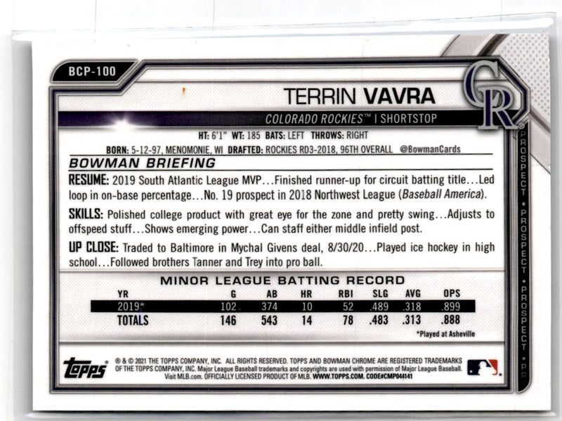 2021 Bowman Chrome Prospects Blue Shimmer Refractor Terrin Vavra