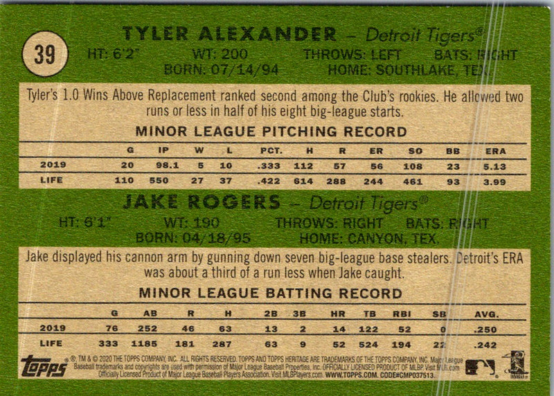 2020 Topps Heritage Tyler Alexander/ Jake Rogers