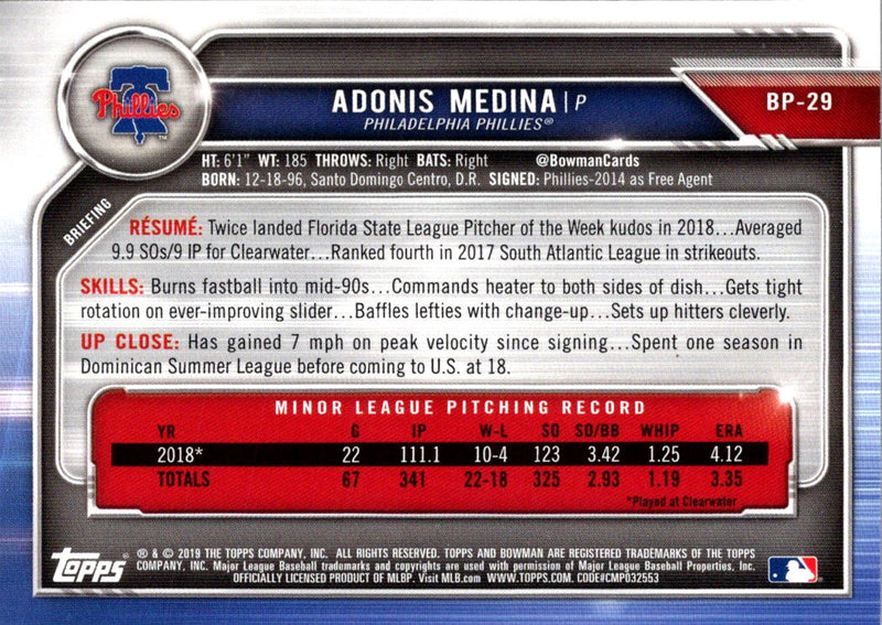 2019 Bowman Prospects Adonis Medina