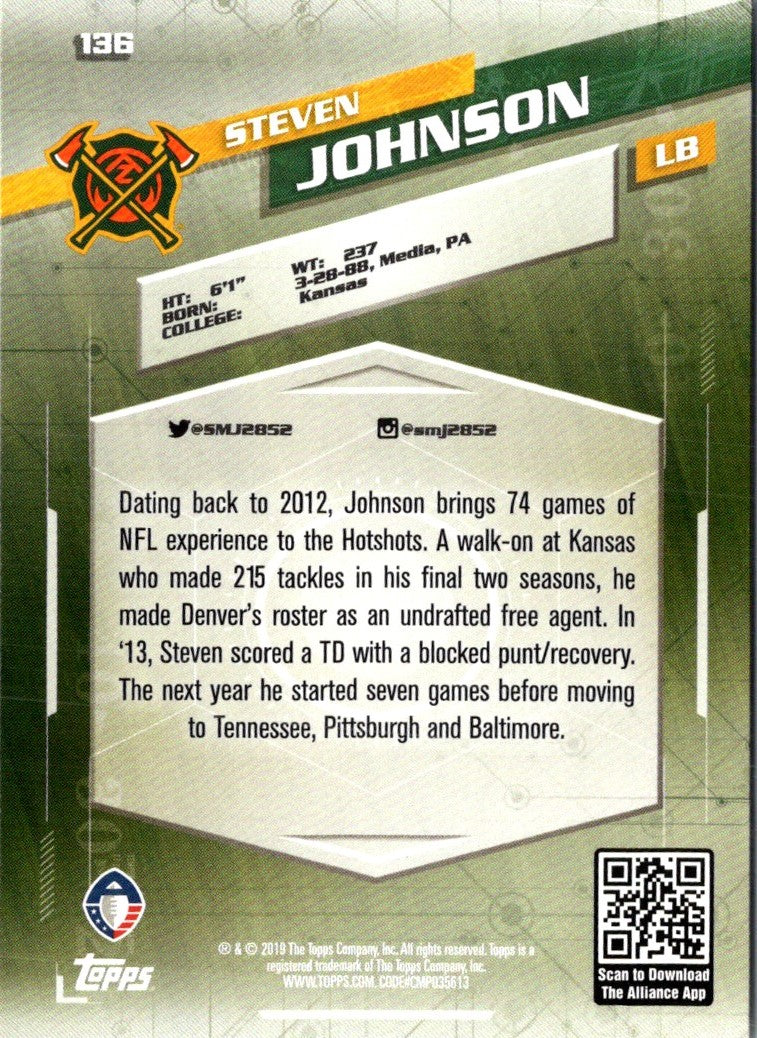 2019 Topps AAF Steven Johnson