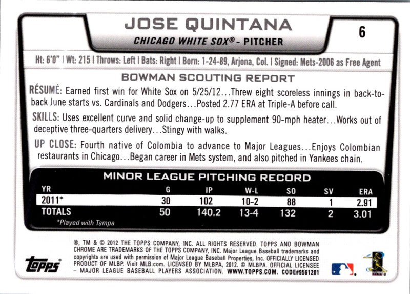 2012 Bowman Draft Picks & Prospects Chrome Jose Quintana