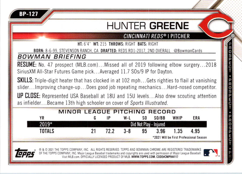 2021 Bowman Prospects Hunter Greene