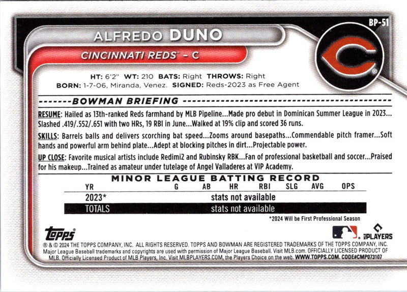 2024 Bowman Prospects Alfredo Duno