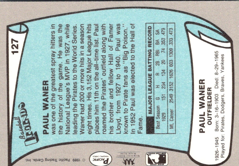 1989 Pacific Legends II Paul Waner