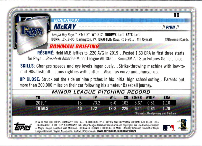 2020 Bowman Chrome Brendan McKay