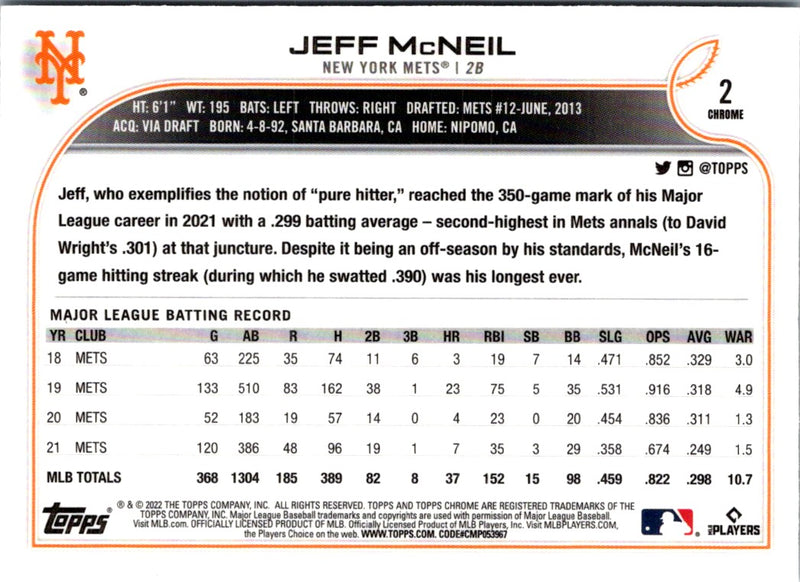 2022 Topps Chrome Jeff McNeil