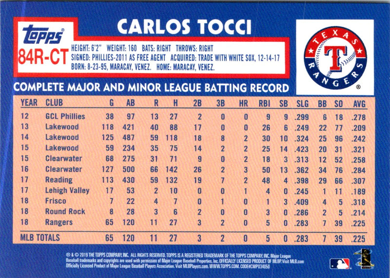 2019 Topps 1984 Baseball Rookies Carlos Tocci