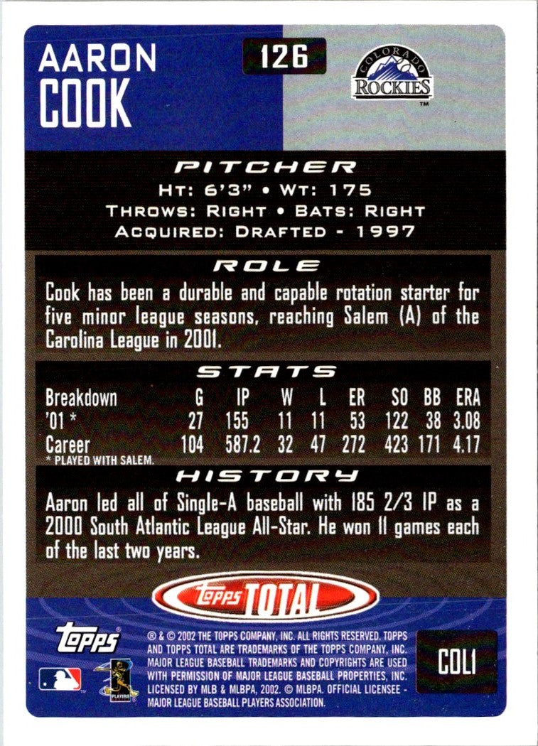 2002 Topps Total Aaron Cook