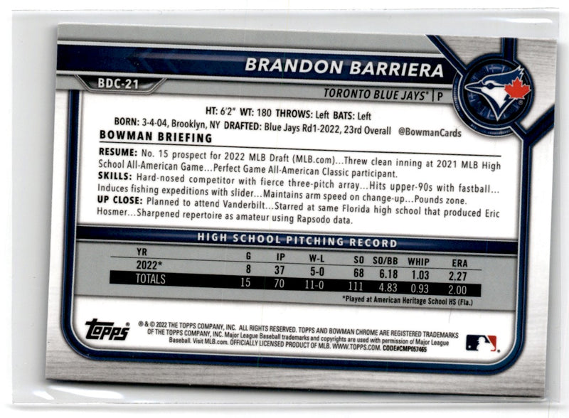 2022 Bowman Draft Chrome Sapphire Brandon Barriera