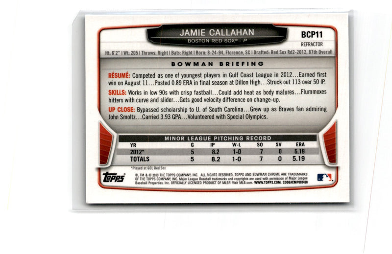 2013 Bowman Chrome Prospects Blue Wave Jamie Callahan