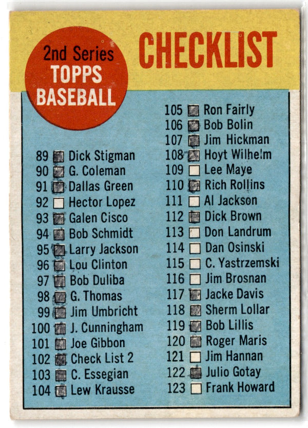 1964 Topps Checklist 2nd Series (89-176) #102