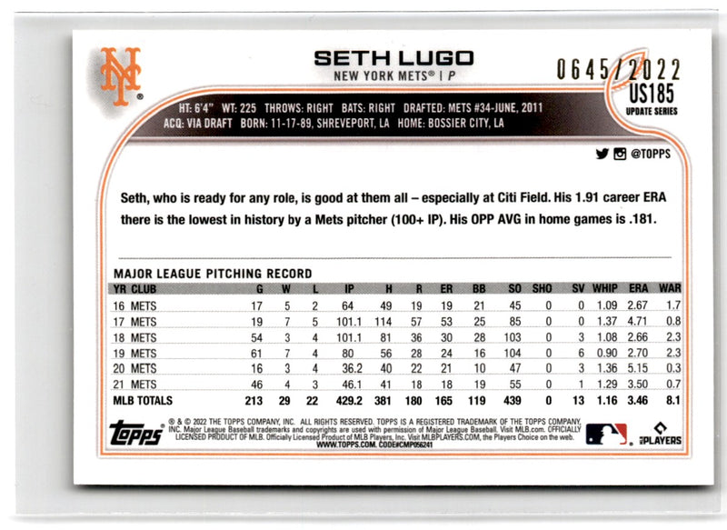 2022 Topps Update Gold Foil Seth Lugo