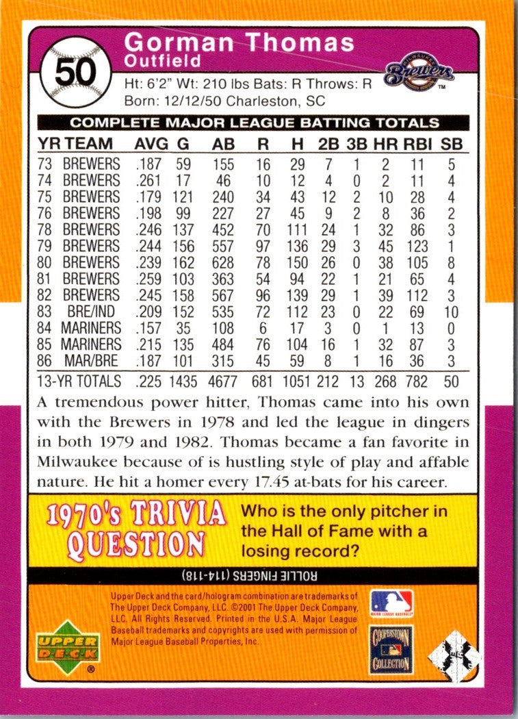 2001 Upper Deck Decade 1970's Gorman Thomas