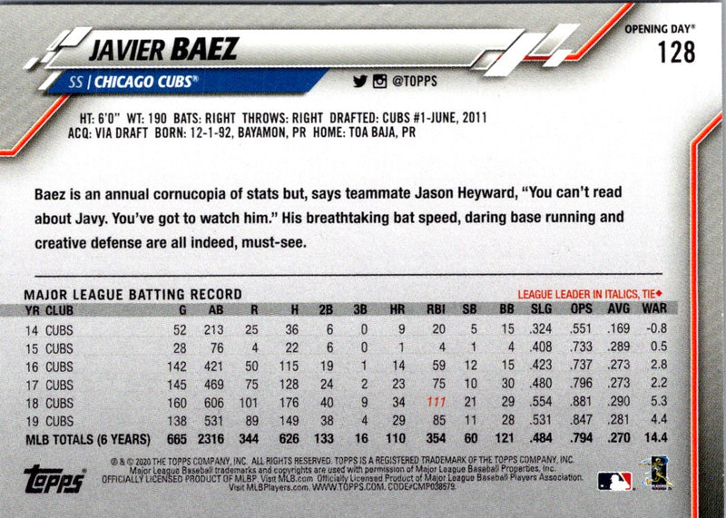 2020 Topps Opening Day Javier Baez