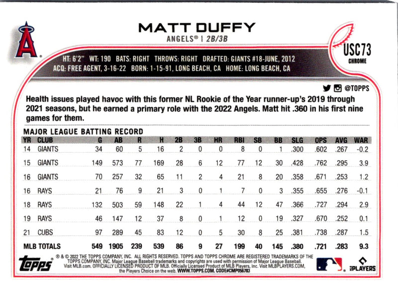 2022 Topps Chrome Update Purple Refractor Matt Duffy