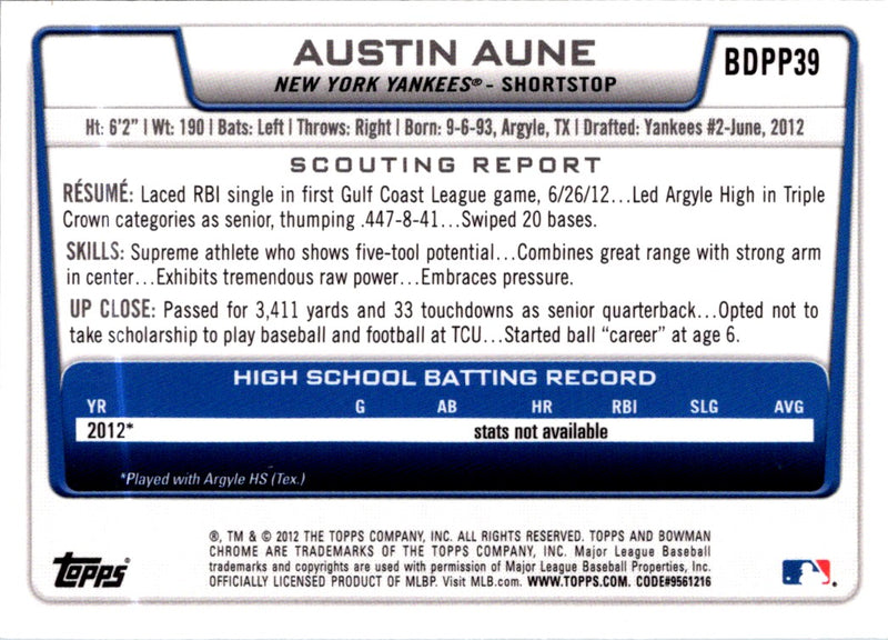 2012 Bowman Draft Picks & Prospects Chrome Austin Aune