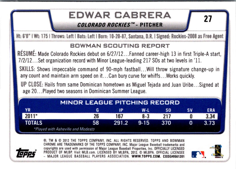 2012 Bowman Draft Picks & Prospects Chrome Edwar Cabrera