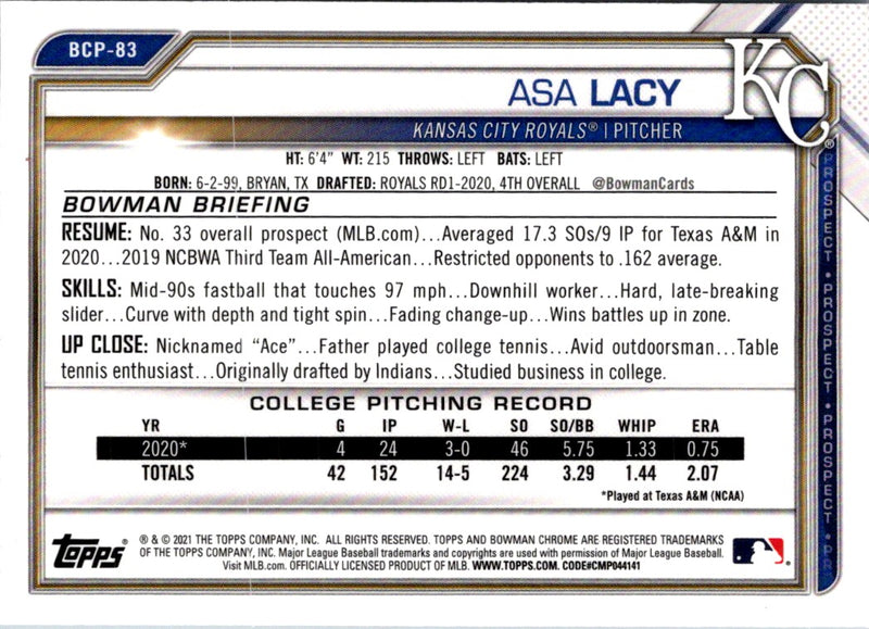 2021 Bowman Chrome Prospects Asa Lacy