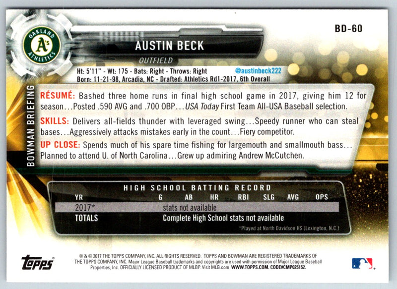 2017 Bowman Draft Austin Beck