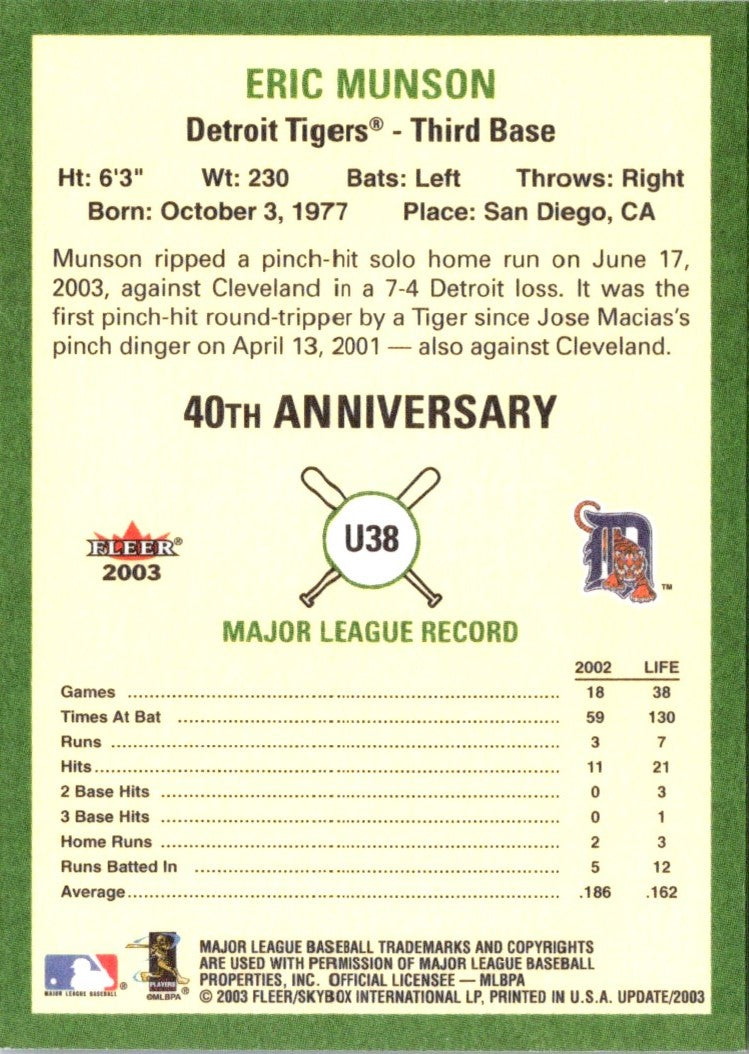 2003 Fleer Tradition Update Eric Munson