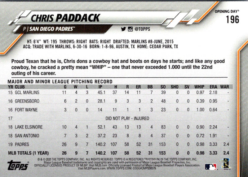 2020 Topps Opening Day Chris Paddack