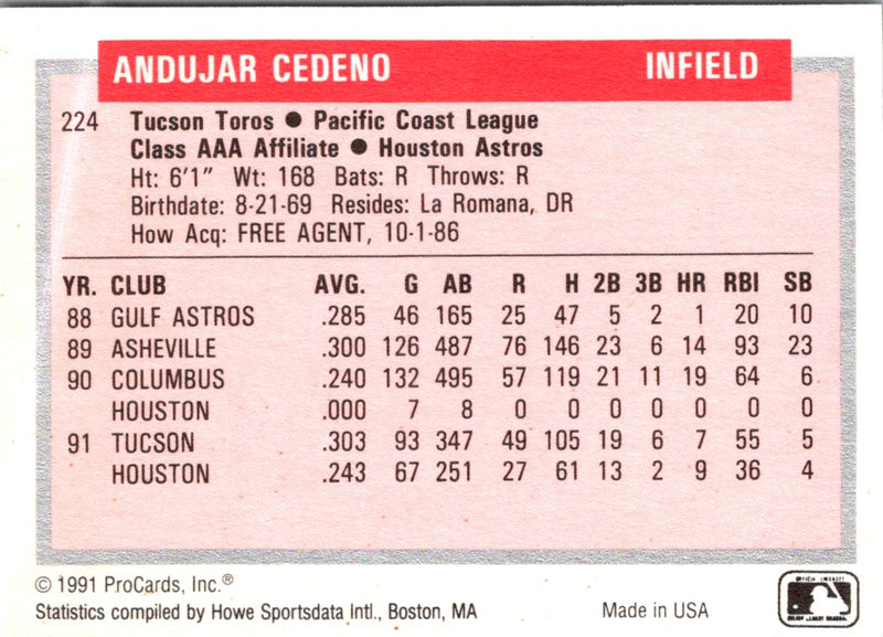 1991 ProCards Tomorrow's Heroes Andujar Cedeno
