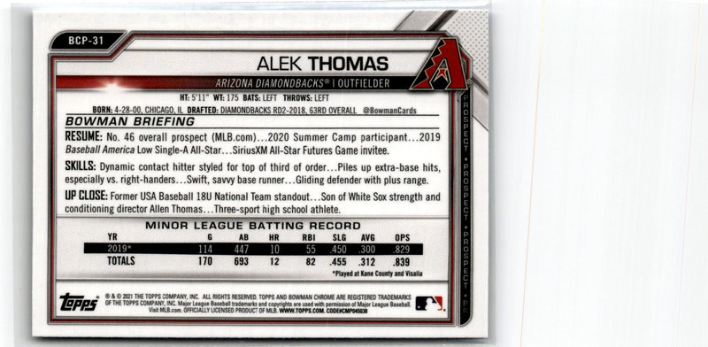 2021 Bowman Draft Chrome Sapphire Alek Thomas